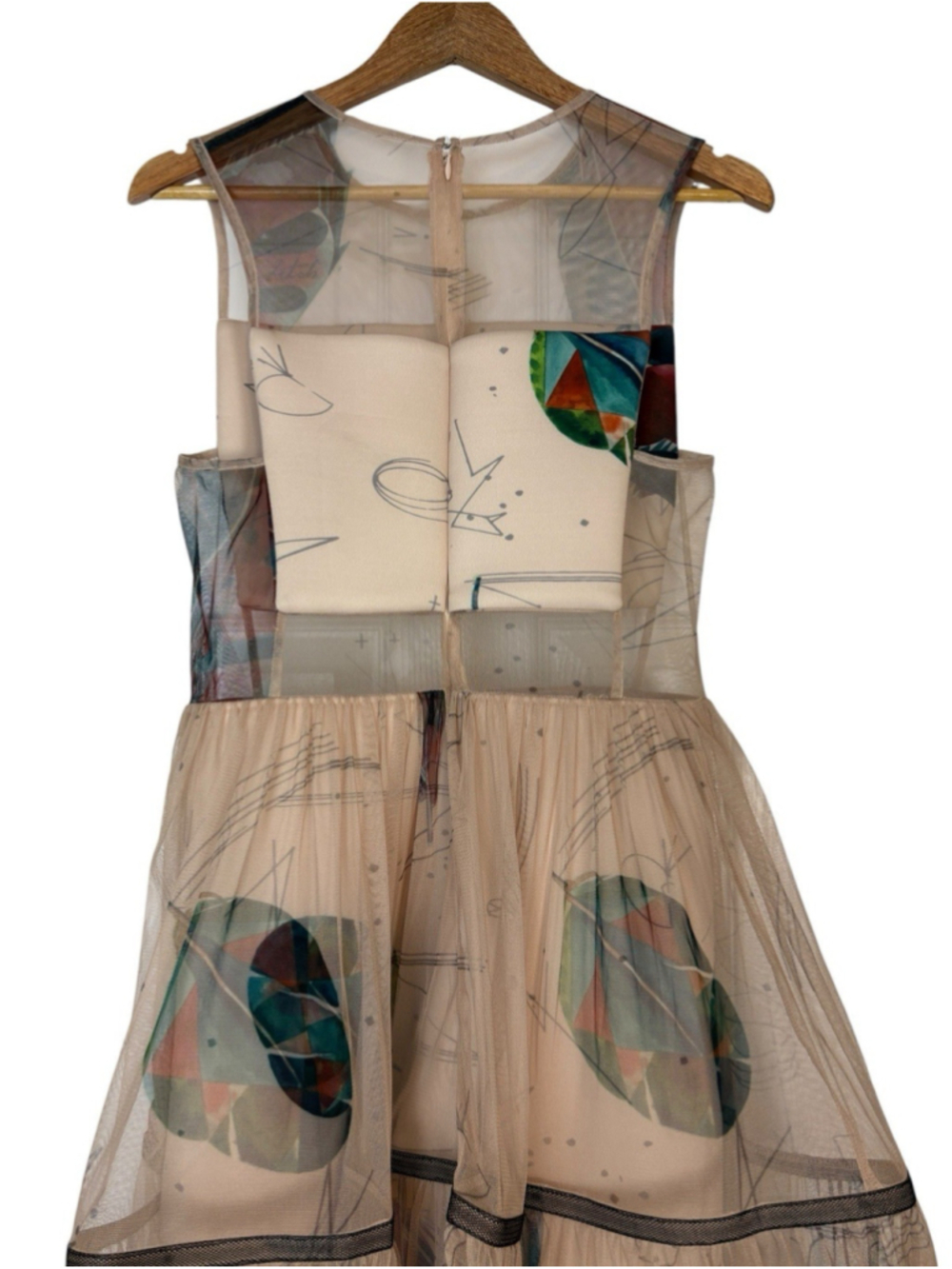 RARE Gauri & Nainika x KOOVS Dress Beige Mesh Tiered Maxi Gown Cutout Print XL - Picture 11 of 12